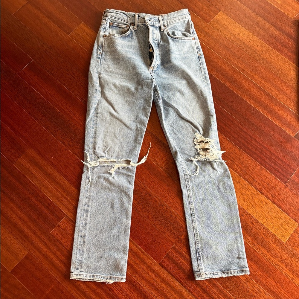 Agolde Light Blue Distressed Straight Leg Jeans